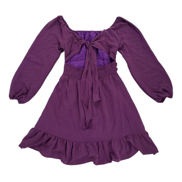 Purple long sleeve dress with bow at back and ruffle at hem, polyester, size M. - Picture 2 of 8